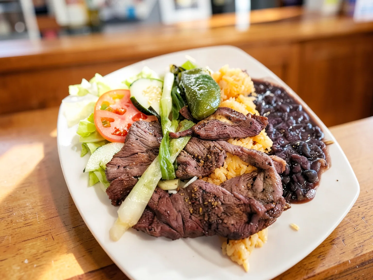 Grilled carne asada with rice, black beans, a charred jalapeño and a small salad