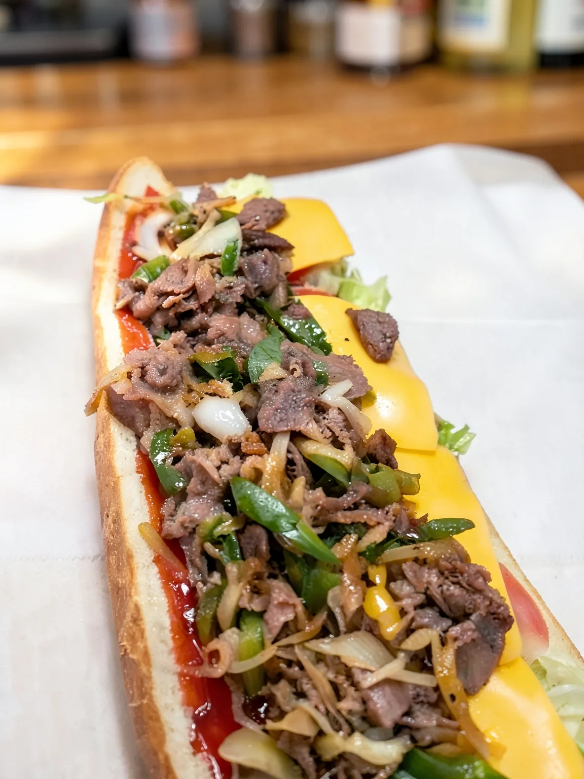 A cheesesteak hero with peppers, onions and American cheese