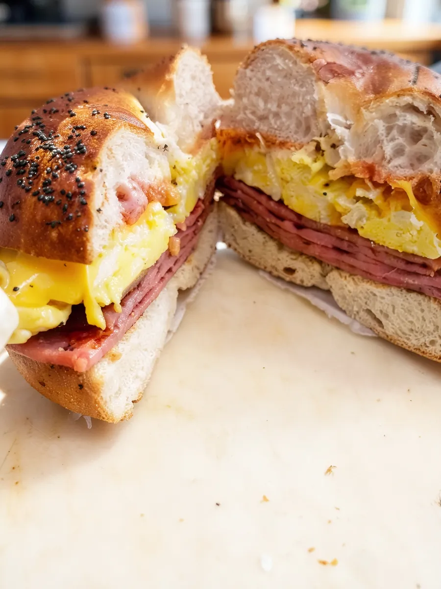 Pork roll, egg and cheese on a bagel, cut in half