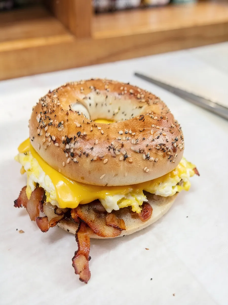 Bacon, egg and cheese on an everything bagel