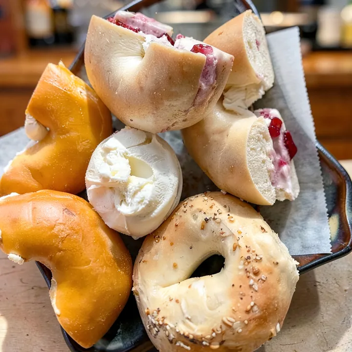 Split bagels filled with cream cheese spreads