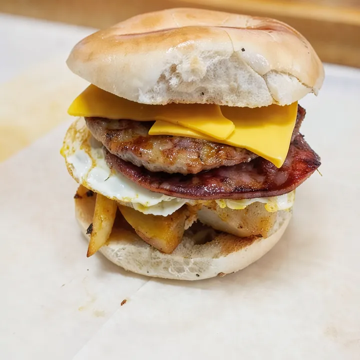 A breakfast sandwich on a bagel with sausage, pork roll, a fried egg, American cheese and home fries