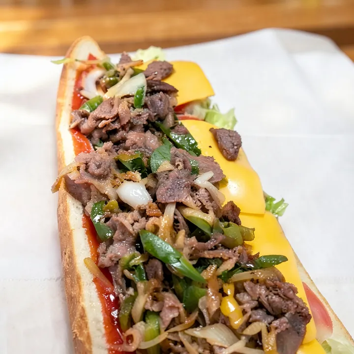 A cheesesteak hero with peppers, onions and American cheese