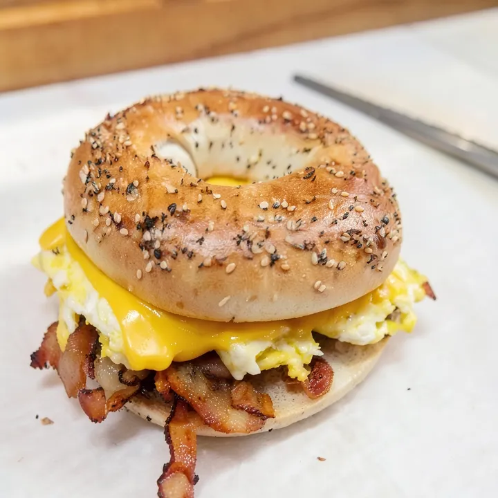 Bacon, egg and cheese on an everything bagel
