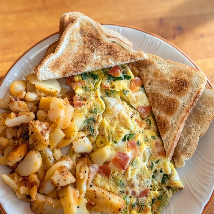 An omelette with home fries and toast